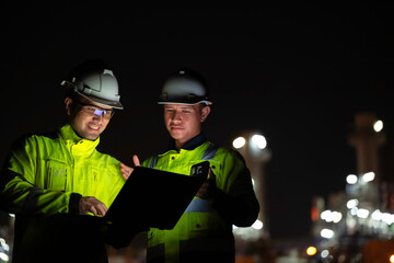 Industrial engineer night inspection at refinery or petrochemical plant walkie-talkie hand and...
