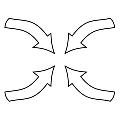 Four simple black curved arrows pointing to a central point, symbolizing focus, convergence, center of attention, unification, consolidation, or withdrawal.