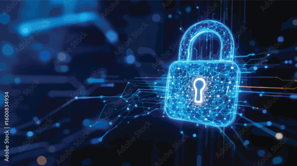 Poster digital security represented with illuminated padlock and connected circuits in a dark background.