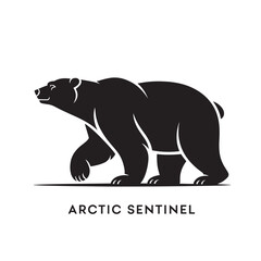 Naklejka premium Stylized silhouette of a majestic polar bear walking proudly with arctic sentinel text isolated on white background. bear icon vactor