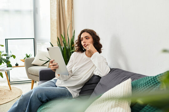 Relaxing in a modern apartment while browsing on a tablet