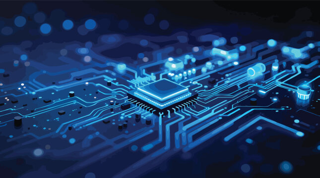 Electronic microchip cpu central processor unit circuit board abstract blue glowing digital.