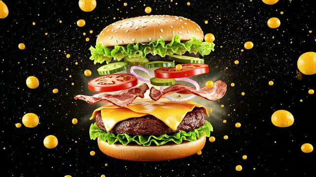 Dynamic assembly of gourmet cheeseburger exploding with ingredients in midair
