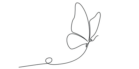 Continuous one line drawing of butterfly. Butterfly flying continuous one line drawing. Outline single art butterfly hand drawn sketch element on white background. 