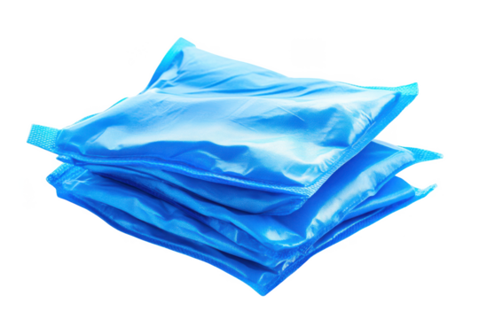 Stack of blue gel packs for cooling and therapy isolated on transparent background