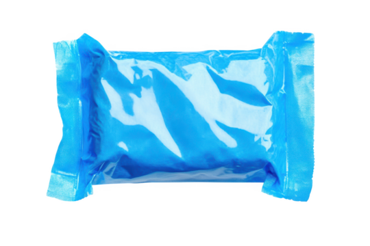 Bright blue sealed packet of medical wipes or sanitary product isolated on transparent background