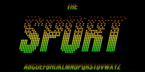 Equalizer pixel font, bold gradient alphabet, digital dynamic letters, EDM gaming typeface for sport logo, music headline, modern typography, cyber motion typographic design. Vector typeset.