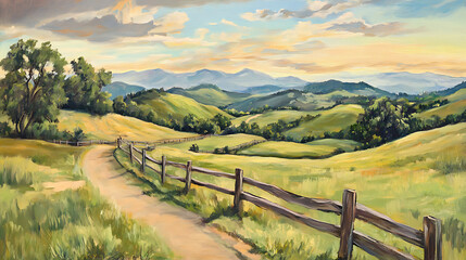  An idyllic rural landscape with a wooden plank fence running across rolling hills 