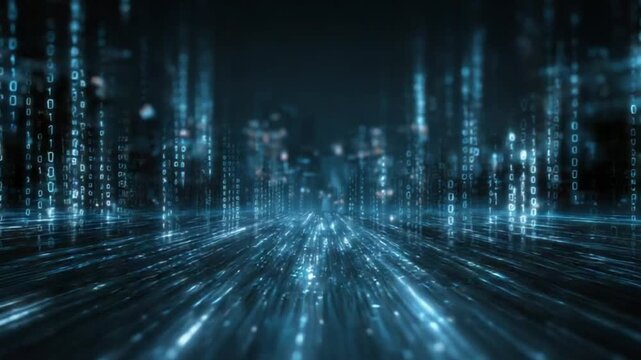 Data stream with binary code in a blurry, futuristic, perspective view