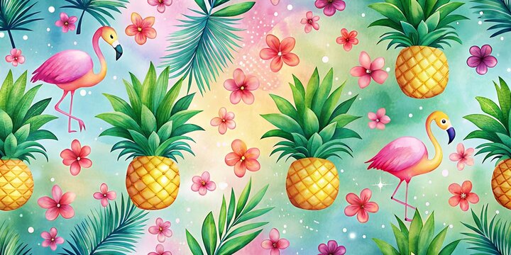 Vibrant tropical watercolor pattern featuring flamingos pineapples and lush greenery - Powered by Adobe