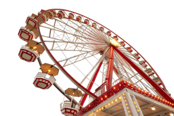 Red and white Ferris wheel with gondolas PNG Image
