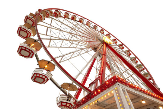 Red and white Ferris wheel with gondolas PNG Image