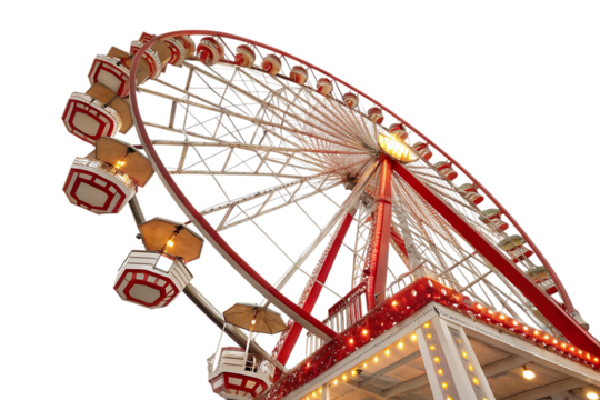 Red and white Ferris wheel with gondolas PNG Image