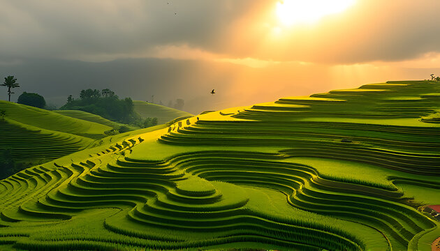 The golden sunlight illuminates the lush green rice terraces of mu cang chai in vietnam, creating a breathtaking landscape of agricultural beauty