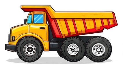 Cartoon Yellow Dump Truck with Red Accents and Oversized Tires Illustration