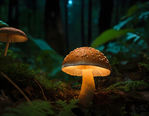 mushroom in the jungle, glowing mushroom in the night background, mushroom in the forest