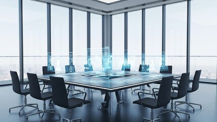 Virtual Reality Meeting Room with Holographic Charts and Panoramic City View