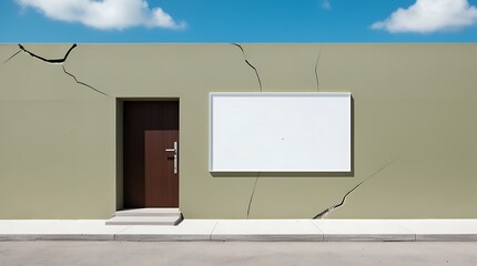 A Minimal grocery shop front with a soft olive green wall, a flat white name board in a simple sans serif font, a single entrance door made of dark brown wood with a sleek silver handle.