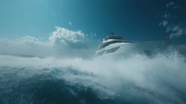 Lowangle shot highlighting the rear of a luxury yacht featuring vibrant jetting sprays and intricate wave formations behind the hull demonstrating the intricate dance of turbulence