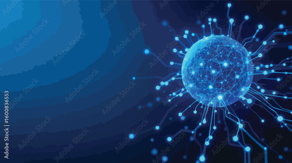 Poster futuristic digital sphere with connecting lines and glowing points representing technology.