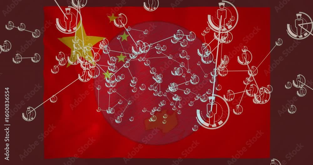 Poster Bold red Chinese flag filling frame sparking nodes popping linking visualizing global data network