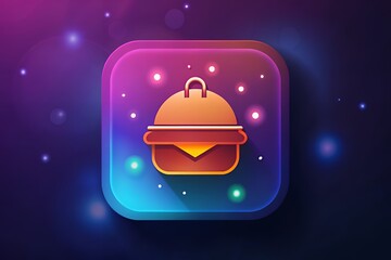 Fototapeta premium Glowy glassy burger icon with sparkles on a cosmic purple background