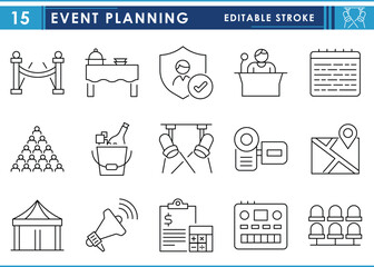 A set of line icons related to Event Planning. Events, party, celebrate, speech, spotlight, DJ, food, arrangement, and so on. Vector editable stroke.