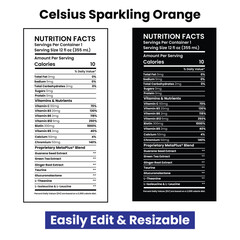 Customizable Celsius Sparkling Orange Nutrition Label Mockup