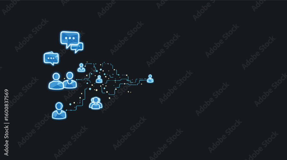 Poster networking and communication visualization illustrating digital connections and messaging in the dig
