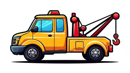 Fototapeta premium Vibrant Yellow Cartoon Tow Truck with Red Crane and Hook