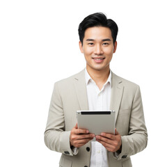 Asian man holding tablet isolated on transparent background