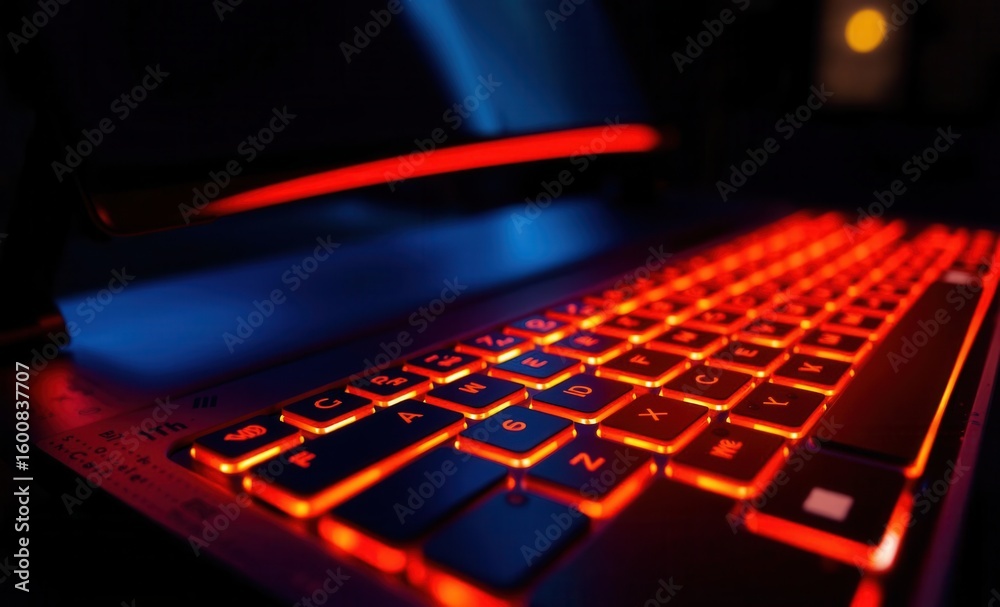 Fototapete the computer keyboard glows brightly with orange light water droplets create an intriguing effect on