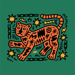 Vibrant stylized illustration of an orange tiger with black markings, surrounded by abstract stars, lightning, and chains on a green background.