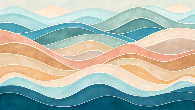 Serene abstract landscape with gentle waves of soothing colors creating a calming modern aesthetic