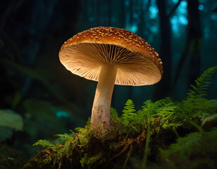 mushroom in the jungle, glowing mushroom in the night background, mushroom in the forest