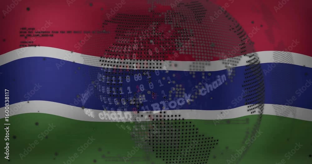 Poster globe fading rotating on gambia flag, scrolling digits, curving block chain text showing data flow