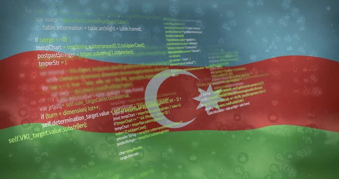 Azerbaijan flag filling frame waving as code fading and scrolling to represent digital shift