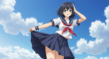 Garota de anime estudante de uniforme de marinheiro posando em frente ao céu 