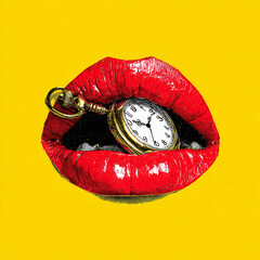 Abstract Lips Holding Vintage Pocket Watch Surreal Concept Illustration
