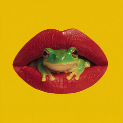 Abstract Red Lips Holding Green Frog Surreal Nature Concept
