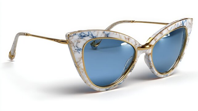 Marble pattern cat eye sunglasses with blue lenses and gold details on white background - Powered by Adobe