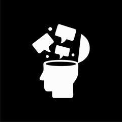 A conceptual icon of a human head with an open mind, releasing multiple speech bubbles that symbolize thoughts, ideas, and communication.
