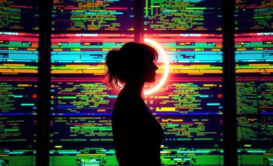A silhouette of a woman is set against bright colorful digital panels portraying information and cyber connectivity Vibrant Rim Light technology vibrant background colorful modern