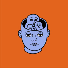A graphic illustration of a blue head with an open skull, containing several smaller heads representing inner thoughts or multiple personalities.