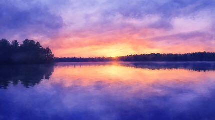  A watercolor-like sky at twilight over the calm lake 