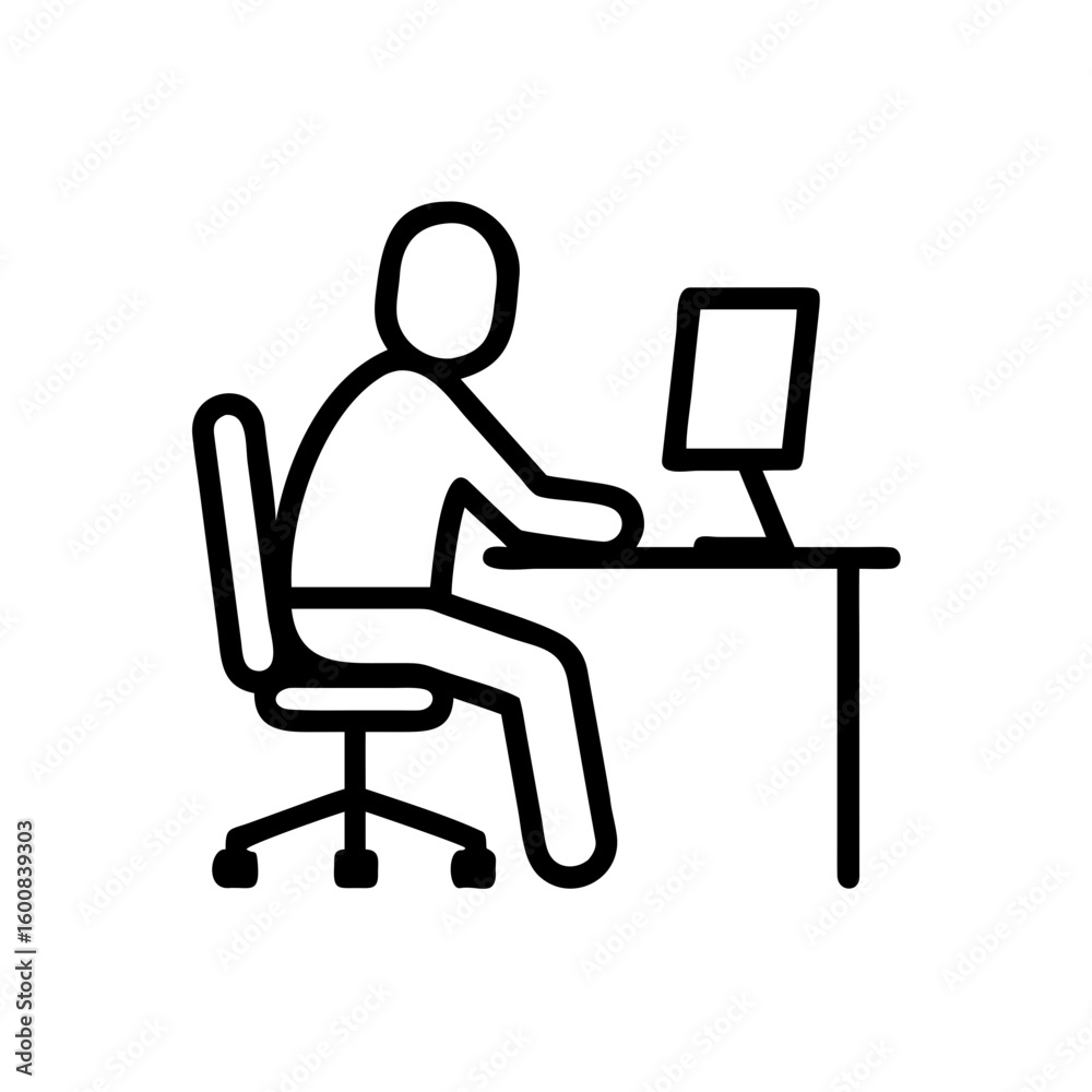 Fototapete Outline drawing of a person sitting in a chair at a desk using a computer in a simple black and white style