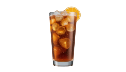 A tall glass filled with iced tea and ice cubes garnished with an orange slice on a black background .