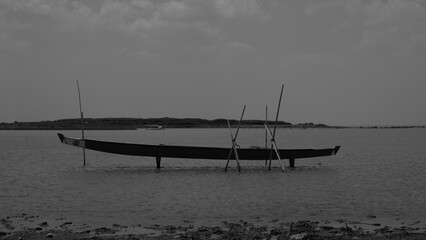 Gray Monochrome Boat On Shore