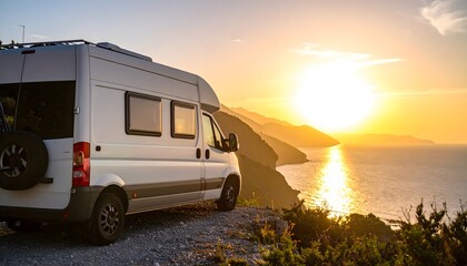 Camper van by the cliffs at sunset