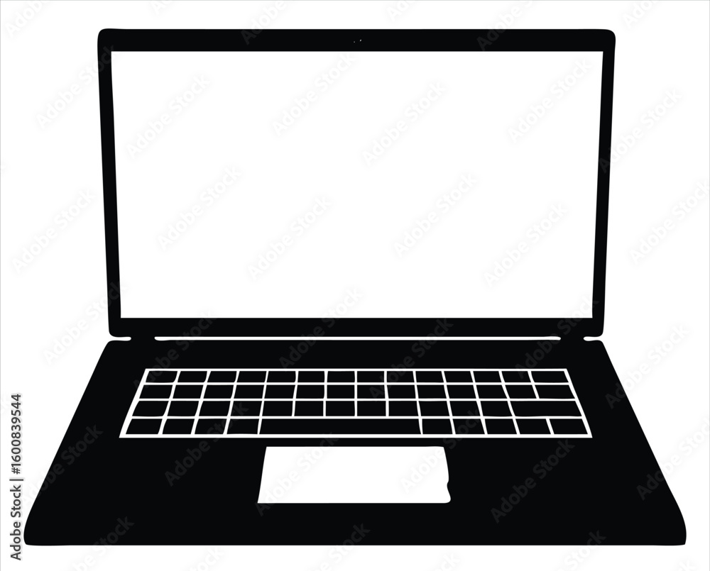 Fototapete simple silhouette of an open laptop computer with a blank white screen and keyboard presented on a w